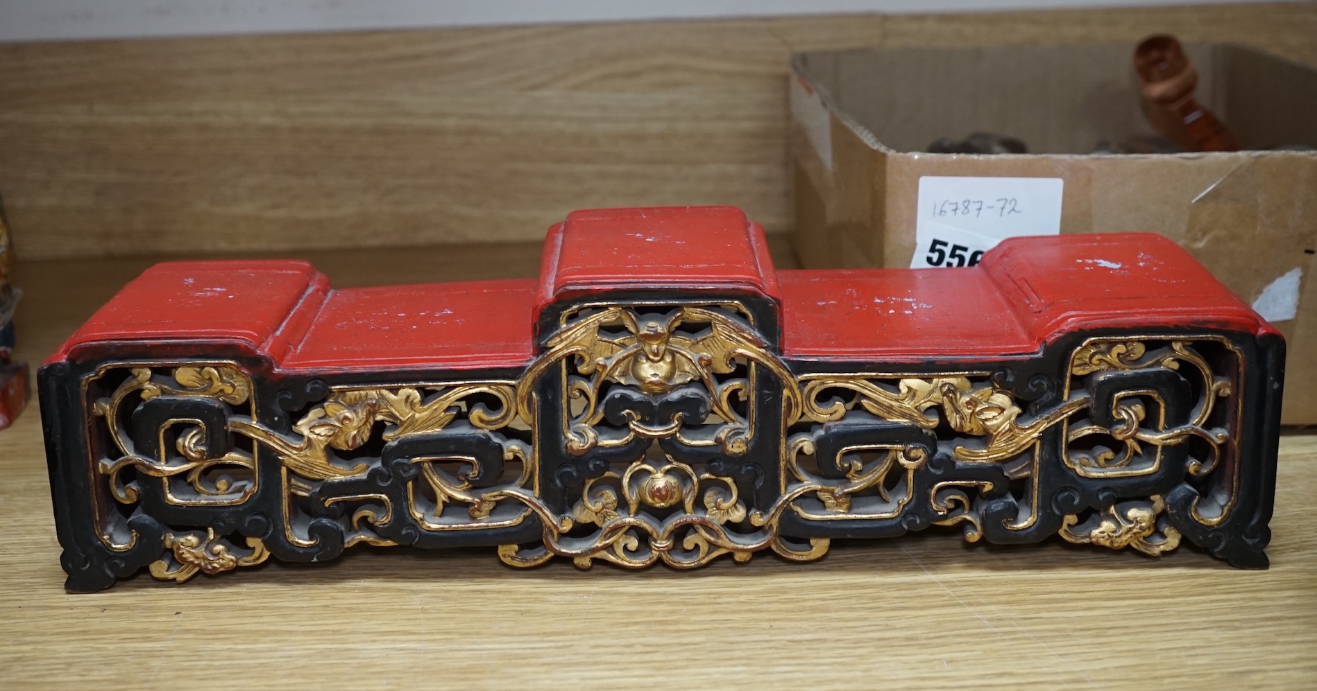 A carved painted South East Asian figure on stand, lacquered wood figures and carvings and a carved frog box, painted figure 50cm high. Condition - mixed, poor to fair